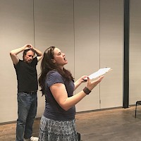Jacquelyn Lies (Director) explaining the complexity of emotions in a particular scene while Robert Deike (Lennox/Dramaturg) looks on. Photo credit: Liegh Toland